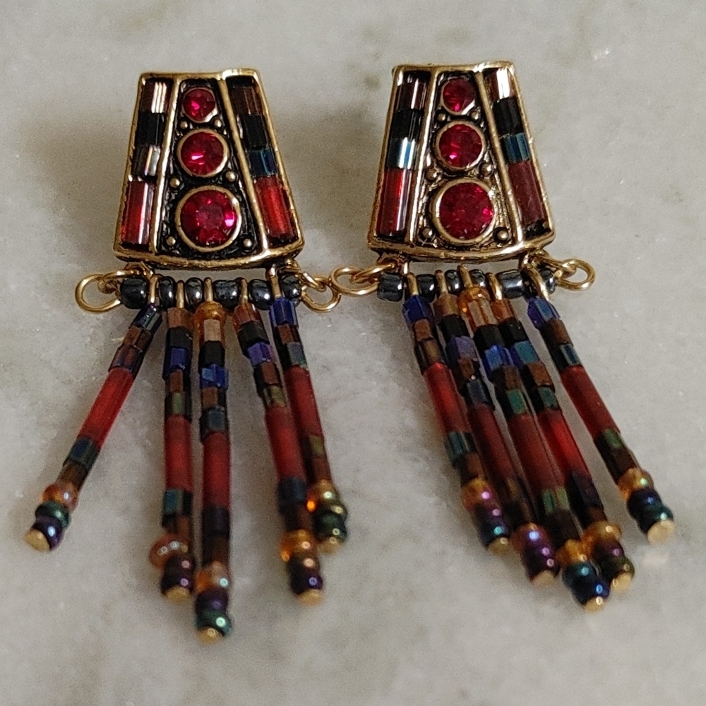 Bead & Crystal Post Dangle Gold Earrings